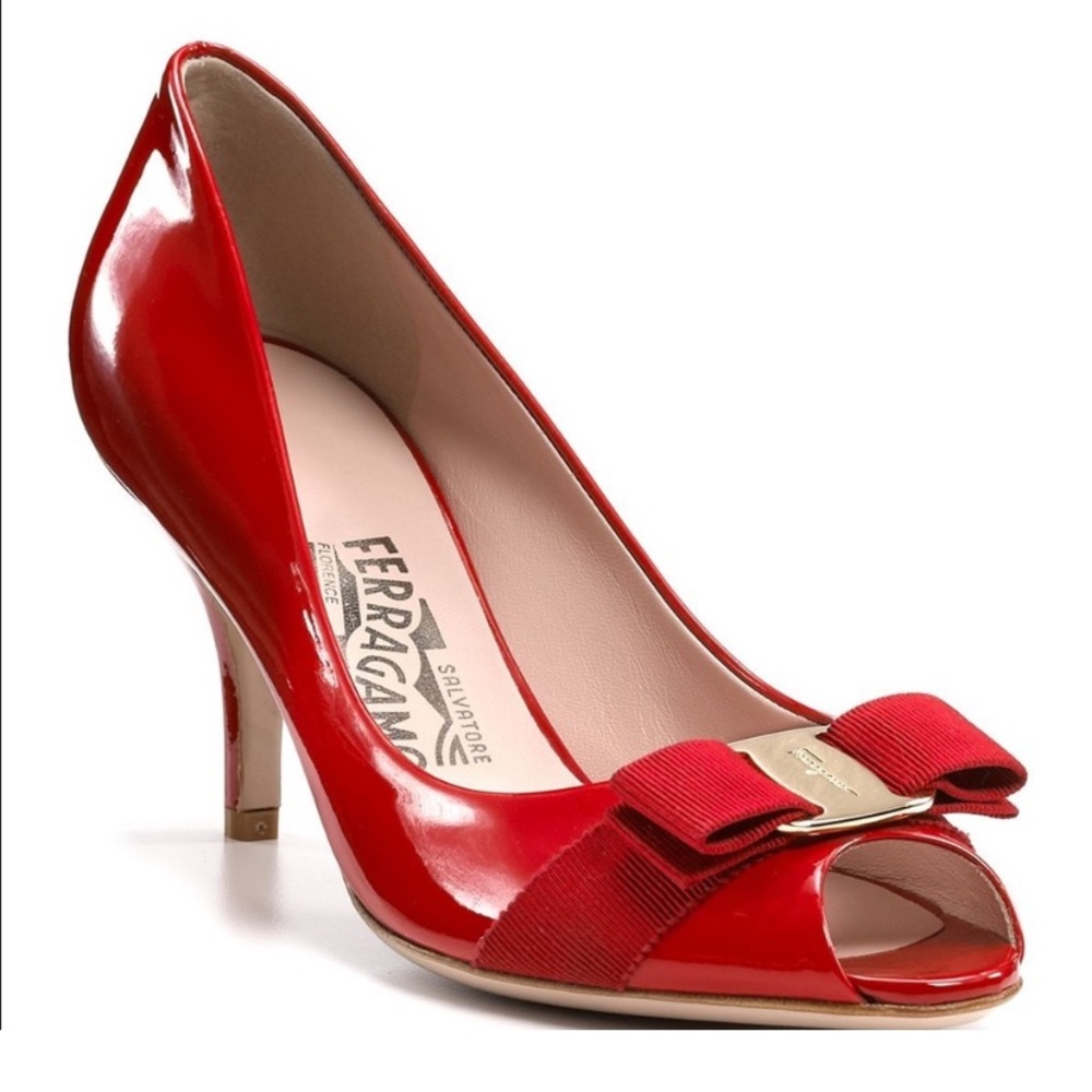 Ferragamo Red Patent Leather Peep Toe Heels